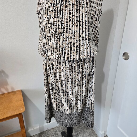 Ellen Tracy Black and Tan Sleeveless Tie Waist Geometrical Midi Dress Large - Picture 3 of 14